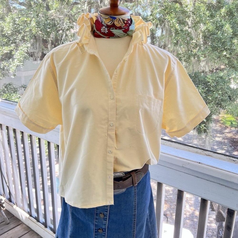 Upcycled Re-worked Cabin Creek Butter Yellow Oxford Cloth Ruffle Collar Shirt L